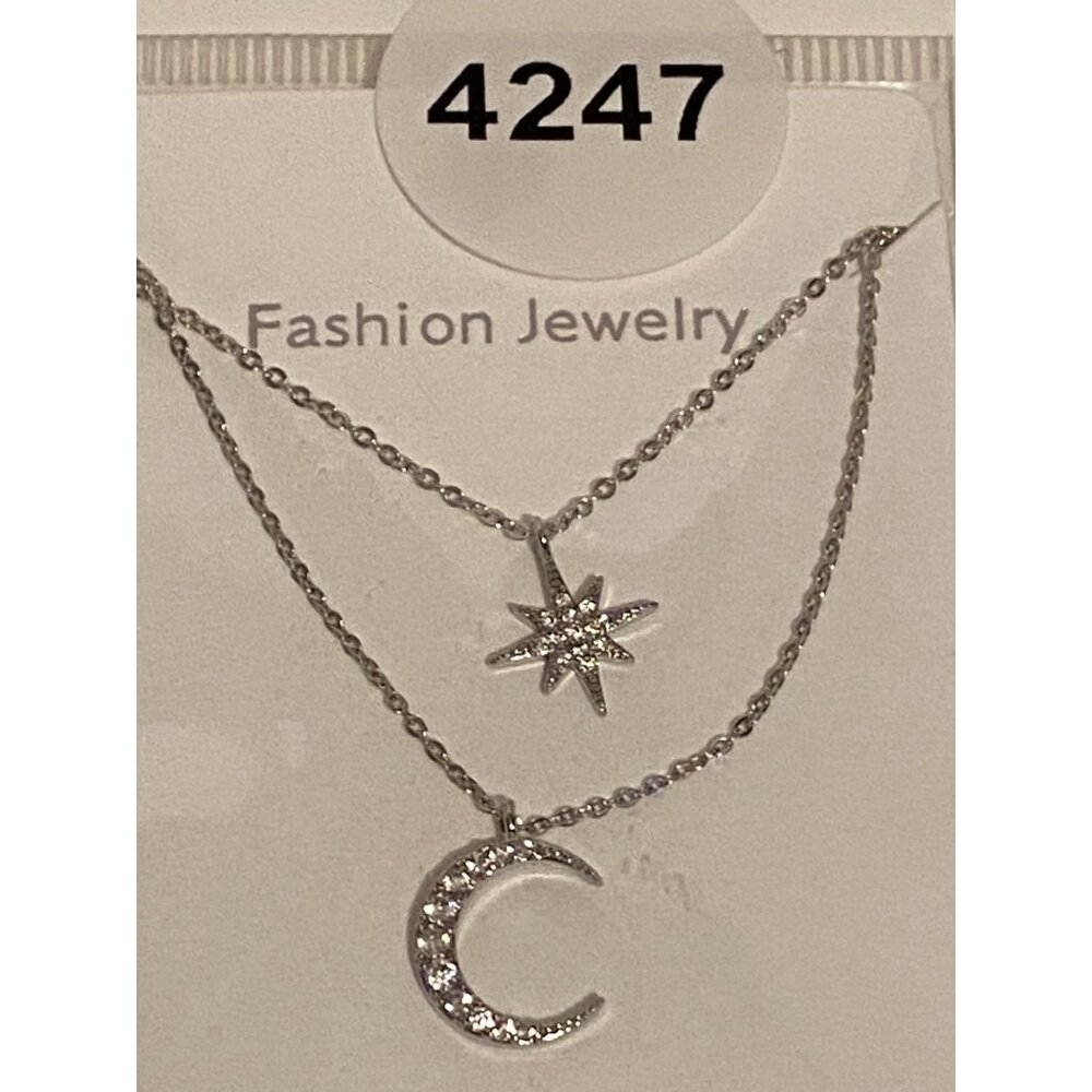 Kanna Two-Layer Necklace Sliver Moon & Star‎ Pendant Sparkle Jewelry Adjustable
